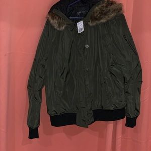 Fur hooded bomber jacket plus sized